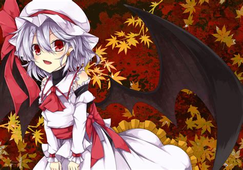 Safebooru 1girl Akisome Hatsuka Ascot Autumn Leaves Bare Shoulders Bat Wings Bow Detached