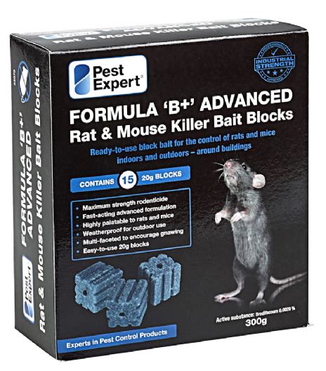 It's outstanding success rate and ability to control in all conditions, has now seen it become the most widely used formulation within the professional pest control market. Pest Expert Formula B Rat Poison Bait Blocks 300g ...