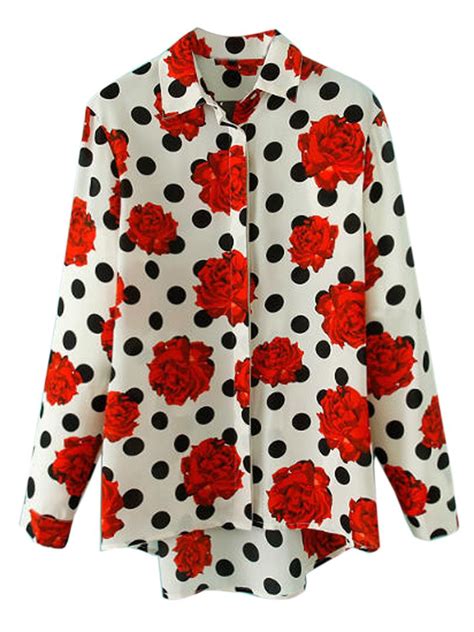 rose and polka dot print shift shirt fashion clothes printed chiffon blouse