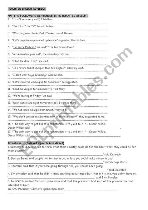 Reported Speech Revision Esl Worksheet By Emilia Z
