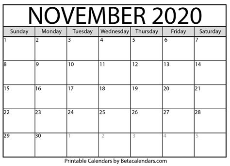November 2020 Calendar Blank Printable Monthly Calendars