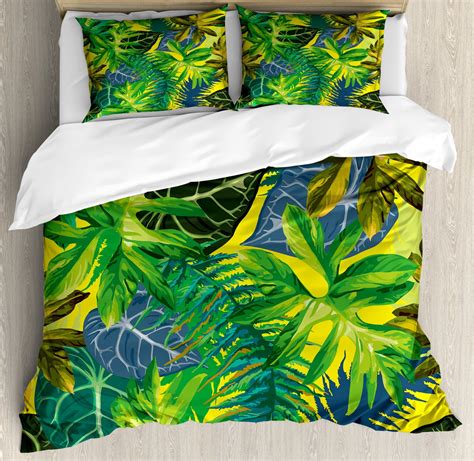 Plant Duvet Cover Set King Size Botany Themed Drawing Depicting Exotic Leaves In Tropical