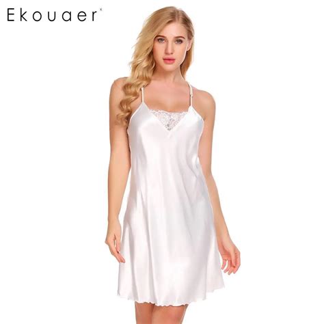 Ekouaer Nightgown Women Sexy Satin Chemise Sleepwear V Neck Lace