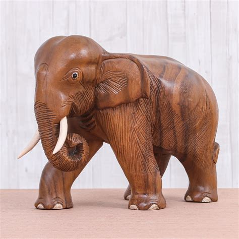 Hand Carved Raintree Wood Elephant Statuette Gentle Elephant Novica