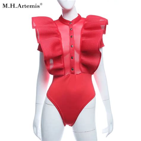 Mhartemis Sexy Ruffle Mesh Bodysuit Red Ruffles Sleeves Women Elegant