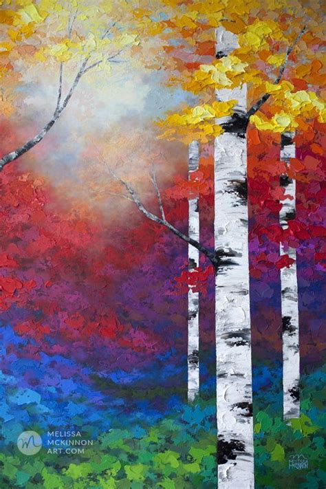 Colorful Autumn Forest Landscape Painting Of Aspen Trees And Birch