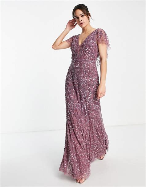 Beauut Bridesmaid Embellished Maxi Dress With Flutter Sleeve In Mauve