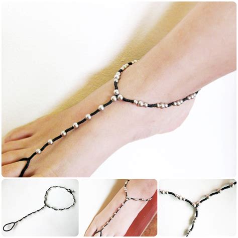 Anklet Toe Ring Barefoot Sandals Footwear Silver Bead Black Wax Cord Bohemian Handmade Thailand