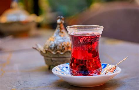 Traditional Tulip Shaped Glass Of Turkish Mulberry Tea Or Chai