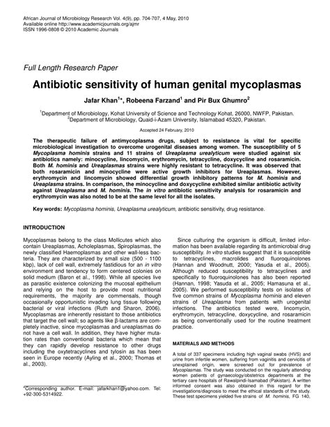 Pdf Antibiotic Sensitivity Of Human Genital Mycoplasmas