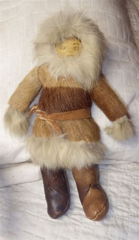 Vintage Inuit Eskimo Doll With Fur Wood Very Collectible Drawn