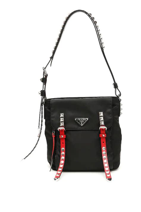 Prada black nylon w/ saffiano leather trim buckle satchel authentic #104 euc! Prada Nylon Bucket Bag With Studs In Black,red,white ...
