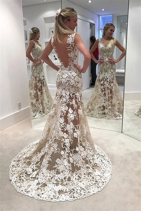 Reviews Of Sexy Ivory Lace With Nude Tulle Sheer Wedding Dress Promfy