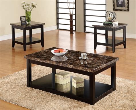 There are many different materials that you can get with your coffee table and each have a specific feel for the atmosphere that you need to set. 3pc Lawndale Faux Marble Top Solid Wood Black Finish ...
