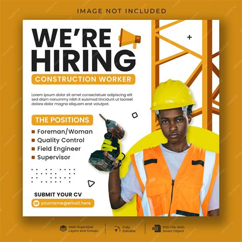Premium PSD | We are hiring construction worker social media post template