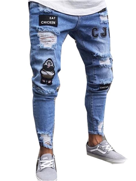 Fashion Mens Ripped Skinny Biker Jeans Destroyed Frayed Slim Fit Denim Pants Ebay