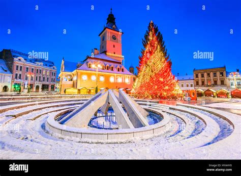 Brasov Romania Christmas Market In Main Square With Xmas Tree And