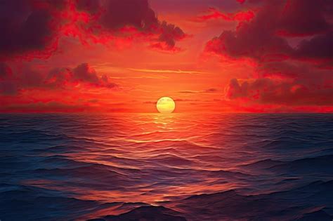 Premium Ai Image Red Sunset Over The Ocean Majestic Sun Sinks Below
