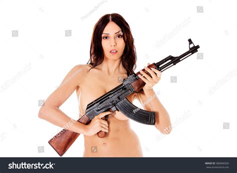 Sexy Nude Brunette Girl Model Weapon Stok Fotoğrafı
