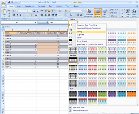 Excel Create Or Modify A Table Style