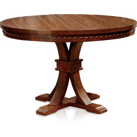 Crayton Nailhead Trimmed Pedestal Round Dining Table Dark Oak Homes