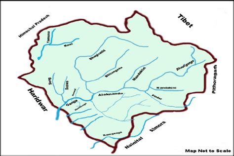 Ganges river, hindi ganga, great river of the plains of the northern indian subcontinent. Map of Ganga river system at foothills of Garhwal ...