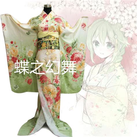 japanese japan women light green floral long furisode kimono cosplay costume in asia and pacific