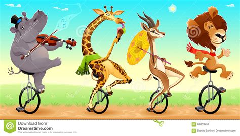 Funny Wild Animals On Unicycles Stock Vector