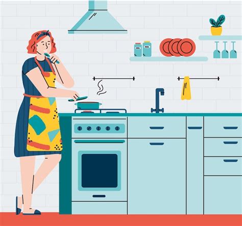 Mujer Ama De Casa Ocupada Cocinando En La Ilustración Plana Interior De