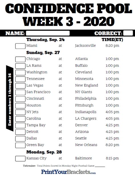 The official source for the cardinals' preseason and regular season schedule, including every game at home and on the road. NFL Week 3 Confidence Pool Sheet 2020 - Printable