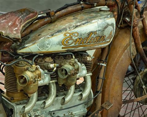 Close Up Of A 1929 Indian 4 Motorcycle Engine And Tank On Display At