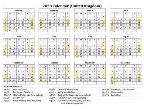 Download 2028 Uk Calendar Printable With Holidays Landscape Layout