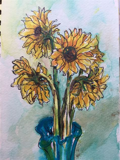 Feeling Better Watercolor Sunflowers In Blue Vase By Kathryn Carroll