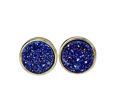 Amazon Com Blue Druzy Quartz Stud Earrings Genuine Drusy Gemstone Gold