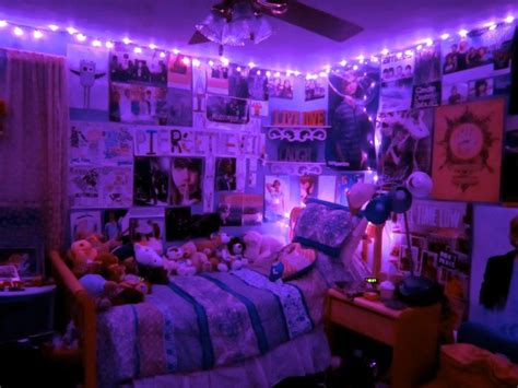 To warm up a bright bedroom without painting all the surfaces something other than classic white, cover one wall. Purple and Blue Aesthetic | Bedroom decor lights ...