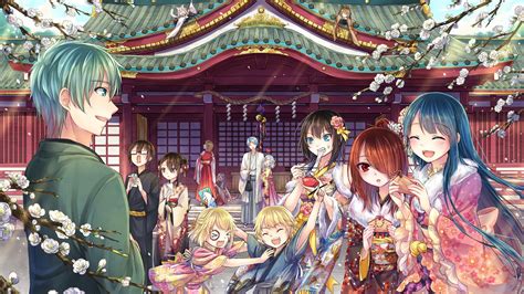 Download 1920x1080 Anime Girls Friends Anime Boy Kimono Colorful