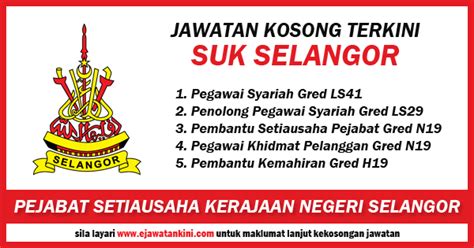 Jawatan kosong johor, jawatan kosong kedah, jawatan kosong kelantan, jawatan kosong selangor, jawatan kosong kuala lumpur. Jawatan Kosong Terkini di SUK Negeri Selangor ...