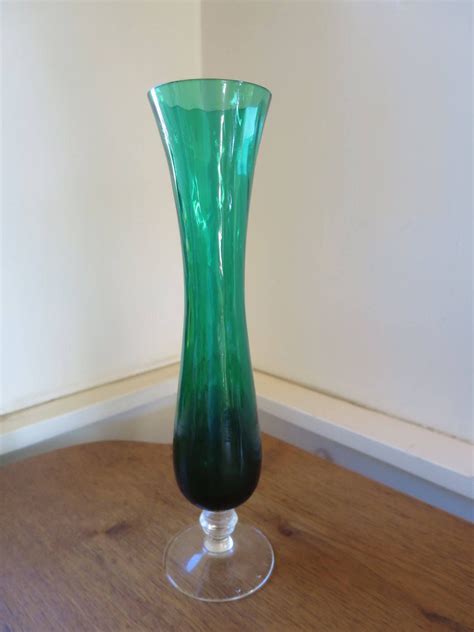 Vintage Emerald Green Round Bud Vase Hand Blown Swirl Green Glass Mid Century Clear Pedestal