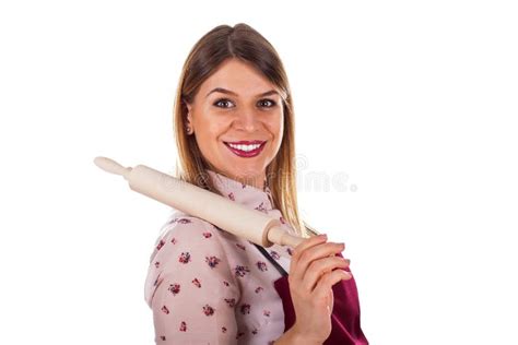 Smiling Woman Holding A Baking Rolling Pin Stock Image Image Of Beautiful Domestic