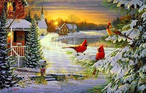 Winter Cardinals Winter Birds Glow Nice Painting Snow Cardinals