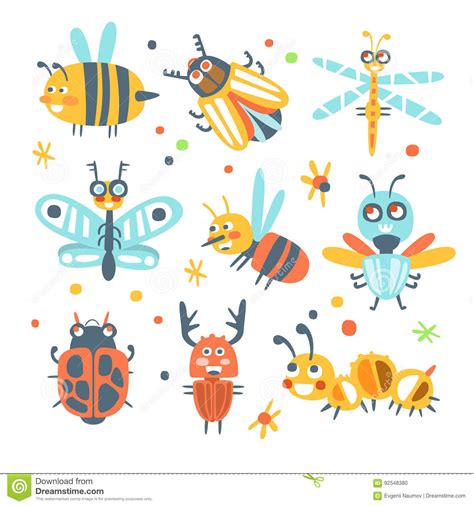 Cute Cartoon Bugs Set Funny Insects Colorful Cartoon
