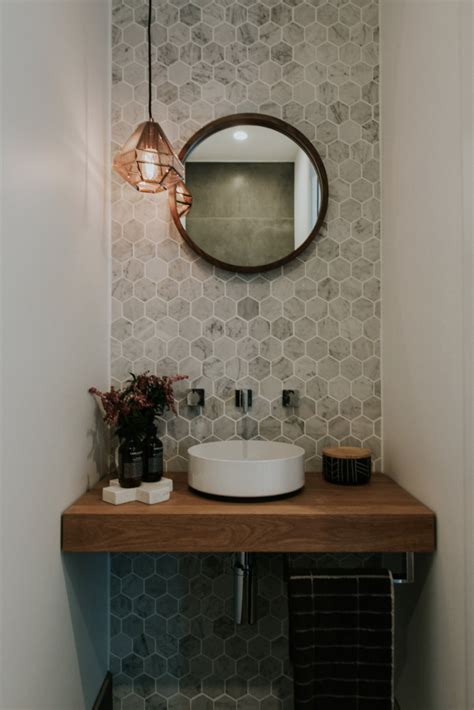 Bathroom With Marble Hexagon Tile Accent Wall Small Half Bathrooms