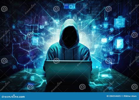Hacker in Front of Laptop with Glowing Digital Map on Dark Background
