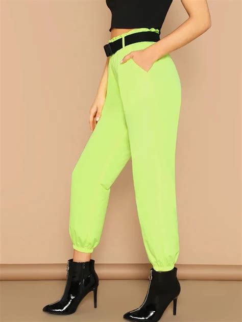 Neon Lime Elastic Hem Pants With Push Buckle Belt Gagodeal Belted