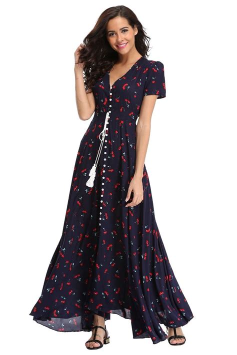 Ferrendo Womens Floral Maxi Dress Button Up Split Flowy Bohemian Party