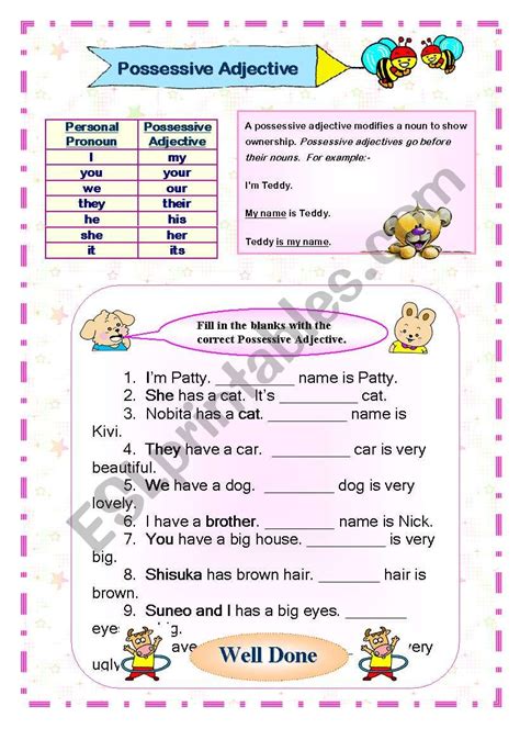 Possessive Adjectives Esl Worksheet Free Printable Adjectives Worksheets Images And Photos Finder