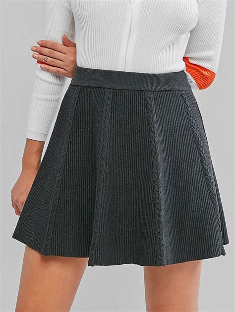 High Waist Cable Knit A Line Skirt Beige Dark Gray Ad Cable Knit High Waist Line