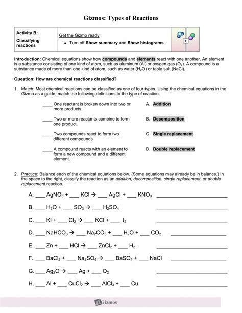 In the balancing chemical equations gizmo™, look at the floating molecules below the initial reaction: Balancing Chemical Equations Practice Worksheet ...