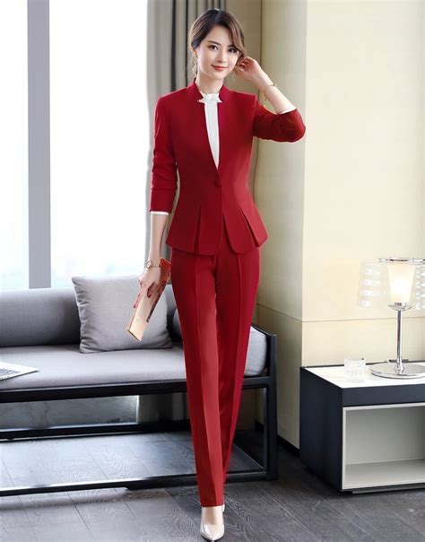 2019 Formal Elegant Womens Blazers Trouser Suits Ladies Red Blazer