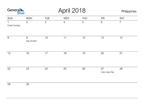 Philippines April 2018 Calendar With Holidays